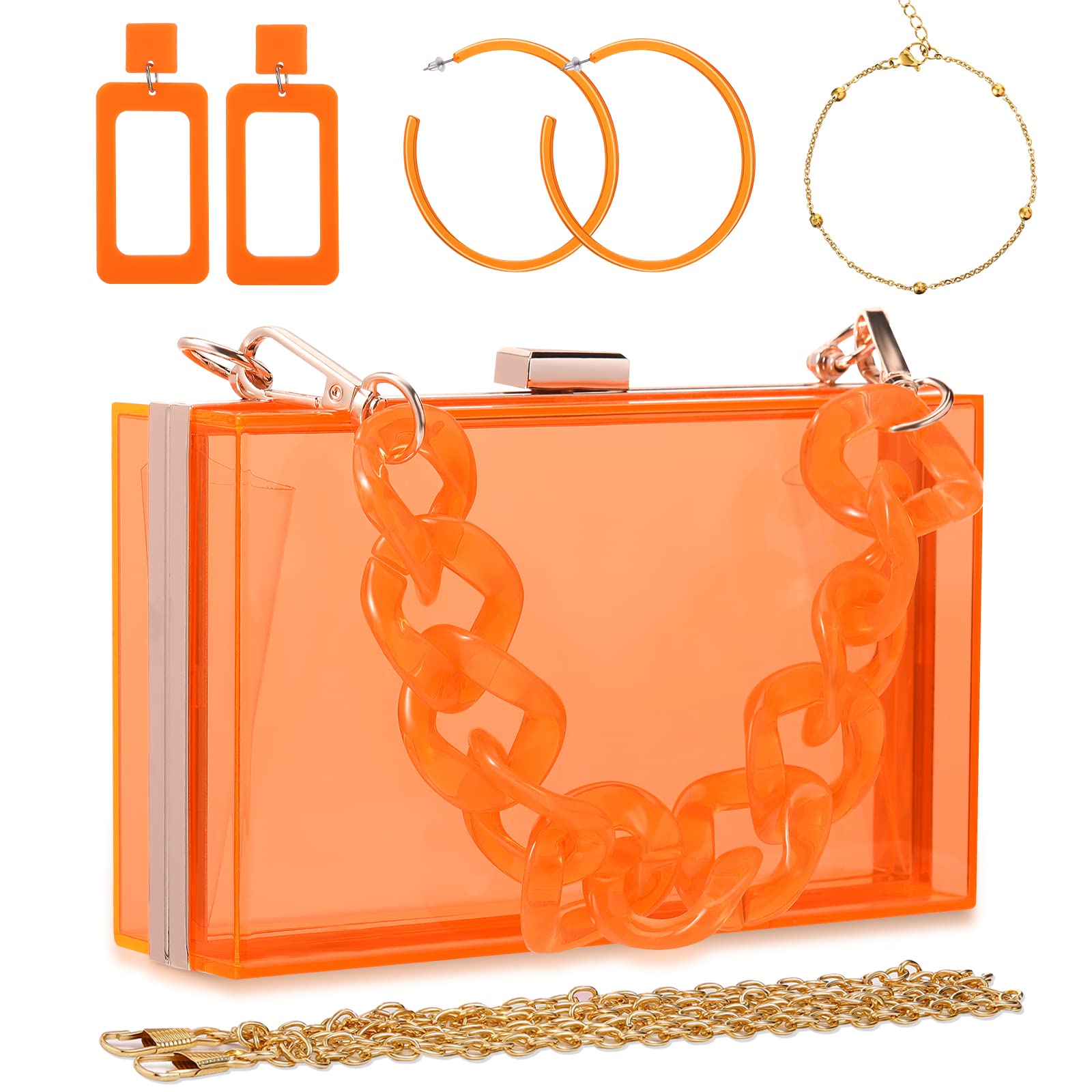 Photo 1 of Jadive 4 Pcs Women Acrylic Hand Purse Clear Clutch Evening Bag Retro Earring Bracelet Jewelry Set Neon Vintage Wedding Gift(Orange)