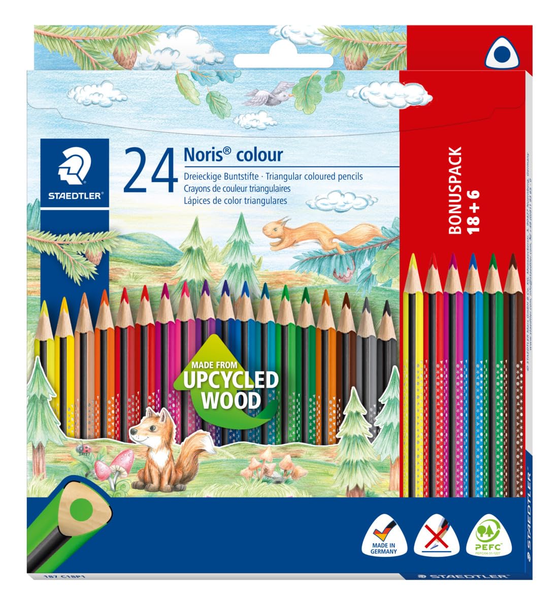 STAEDTLER Noris Colour Coloured Pencils (Increased Break Resistance, Triangular Shape, Attractive Design, Ergonomic Soft Surface, WOPEX Material, Bonus Set of 24 Brilliant Pens in Cardboard Case), 187