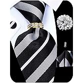 Kerfado 5PCS Tie and Pocket Square for Men, Silk Necktie and Handkerchief Cufflinks with Gold Ring and Lapel Pin Set