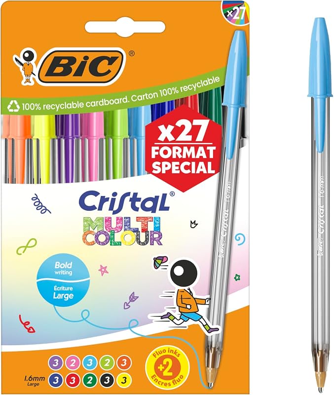 Cristal - Set di 27 penne a sfera multicolore a punta larga (1,6 mm), edizione speciale, colori assortiti con inchiostro classico, neon e divertimento