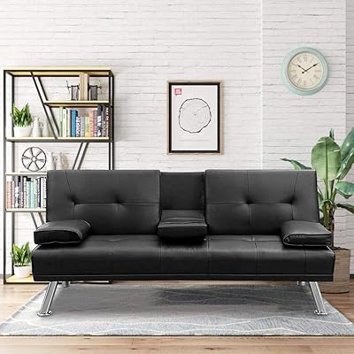 Hooseng Modern Faux Leather Convertible Futon Recliner Couch, Black