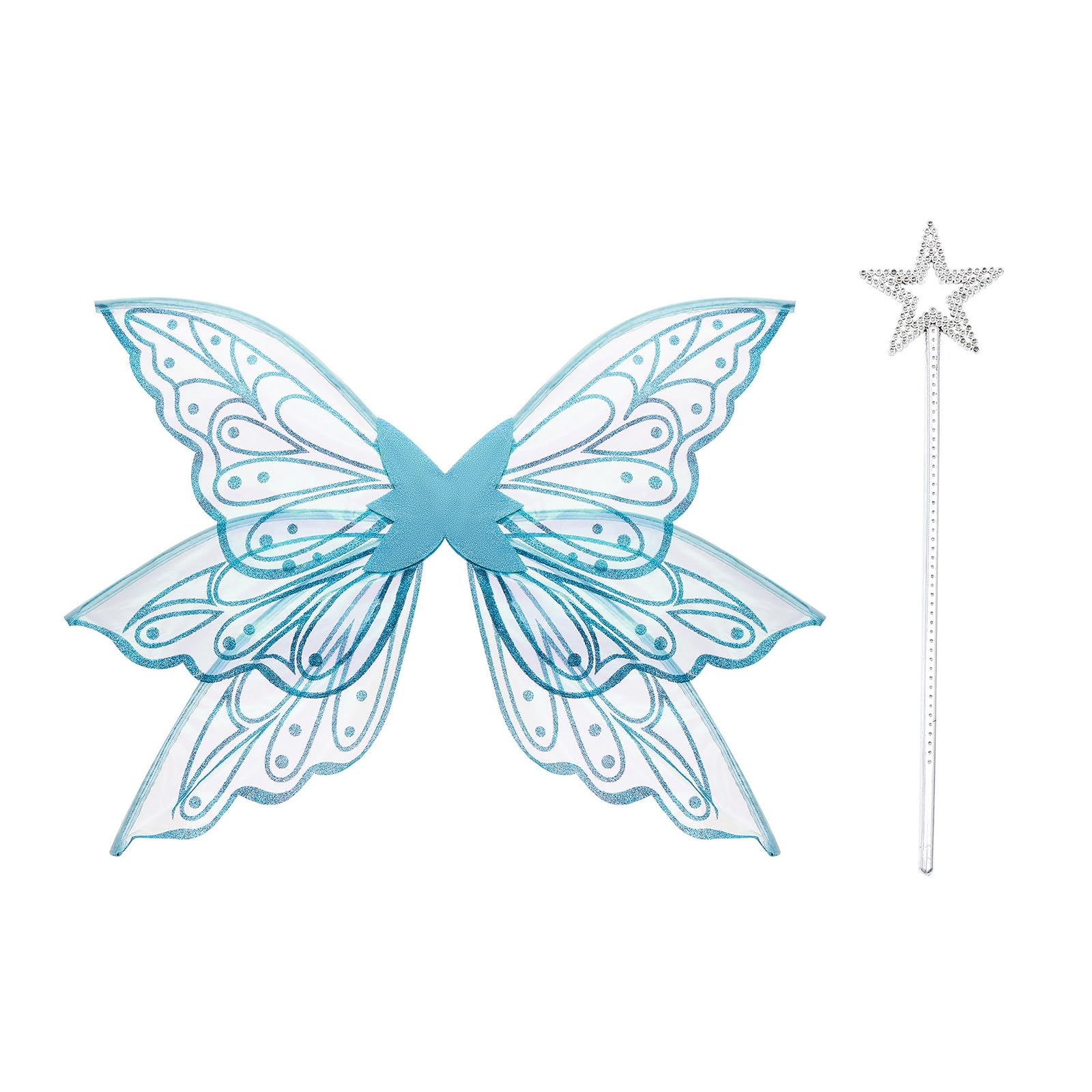 ESSECMBS 2PCS Light Up Butterfly Wings & Magic Wand Set for Women LED Lighted Fairy Wings Stick for Halloween Cosplay (Blue, 58cm*48cm) โ image 1