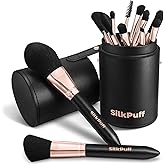 Silkpuff Makeup Brushes Set 15 Pcs Professional, Travel Makeup Brushes With Brush Case, Pearlescent Wood Handle, Premium Cruelty-Free Synthetic Fiber Hair, Foundation Concealer Eye Shadow Blush(Black)