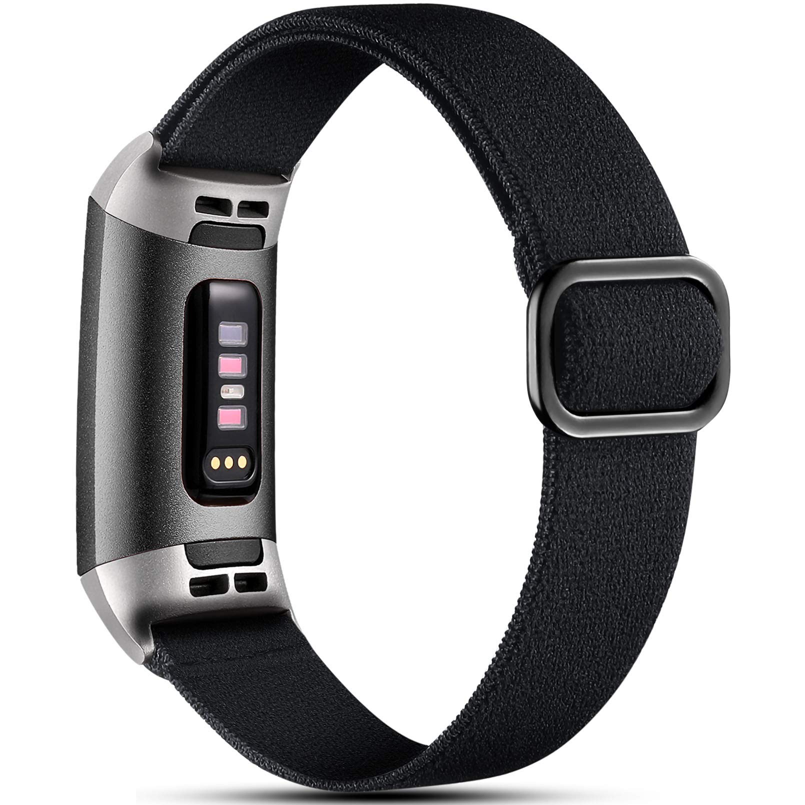 Dirrelo Stretchy Strap Compatible with Fitbit Charge 3/4, Soft Adjustable Elastic Replacement with Stylish Pattern, Nylon Woven Sport Wristband for Women & Men, Black