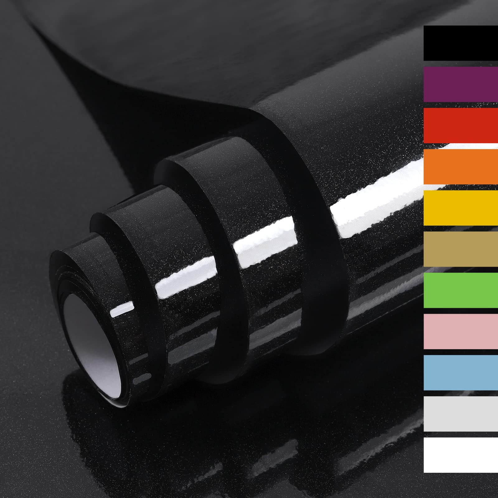 Hode Vinyl Wrap Black Sticky Back Plastic Roll 40cmX3m, Black Glitter Effect Self Adhesive Wallpaper for Furniture Stickers, Peel and Stick Kitchen Bathroom Covering Contact Paper (High Gloss)