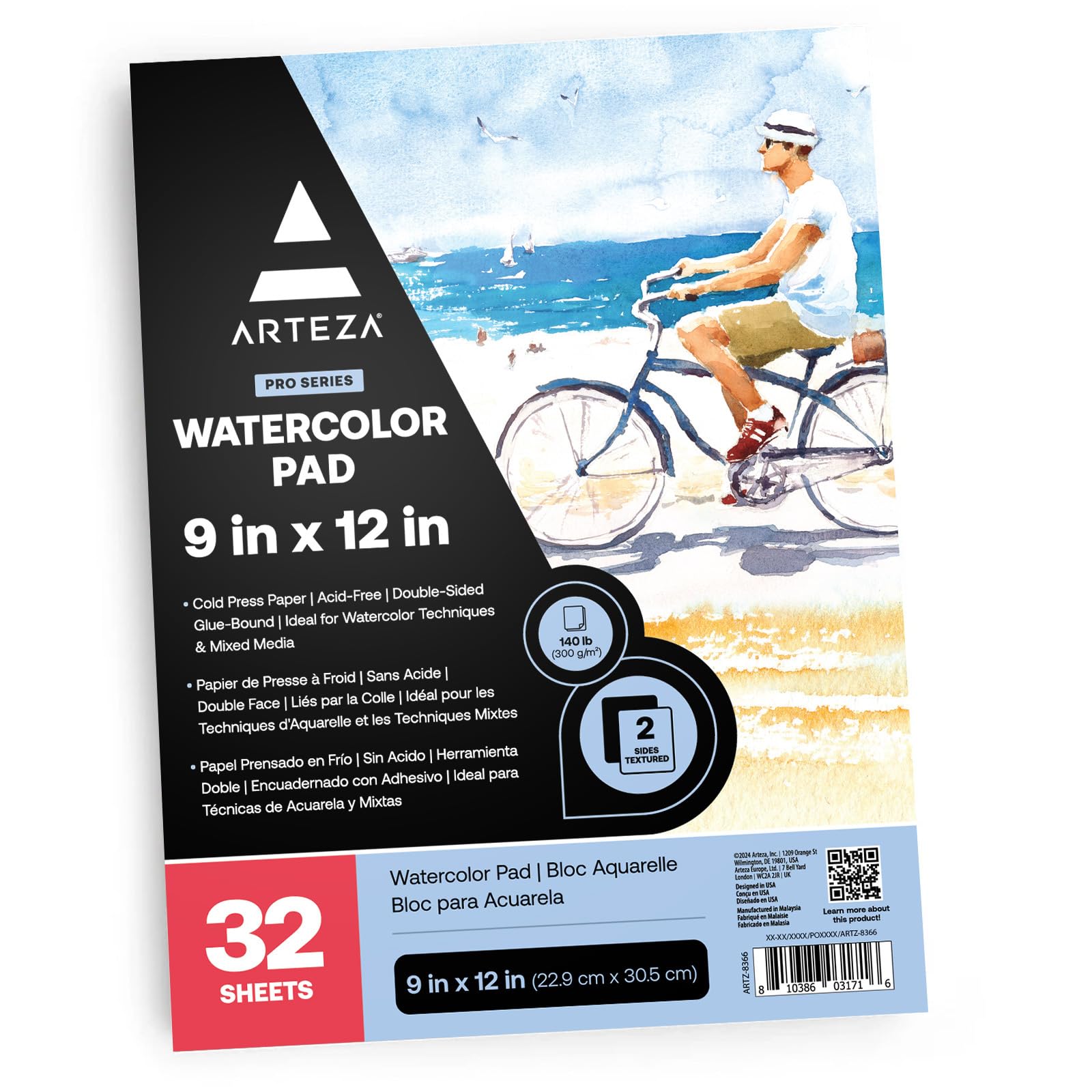 Arteza 9x12 Expert Watercolor Pad, 32 Sheets (140lb/300gsm), Cold Pressed, Acid Free Paper, Art Supplies for Watercolor Techniques and Mixed Media