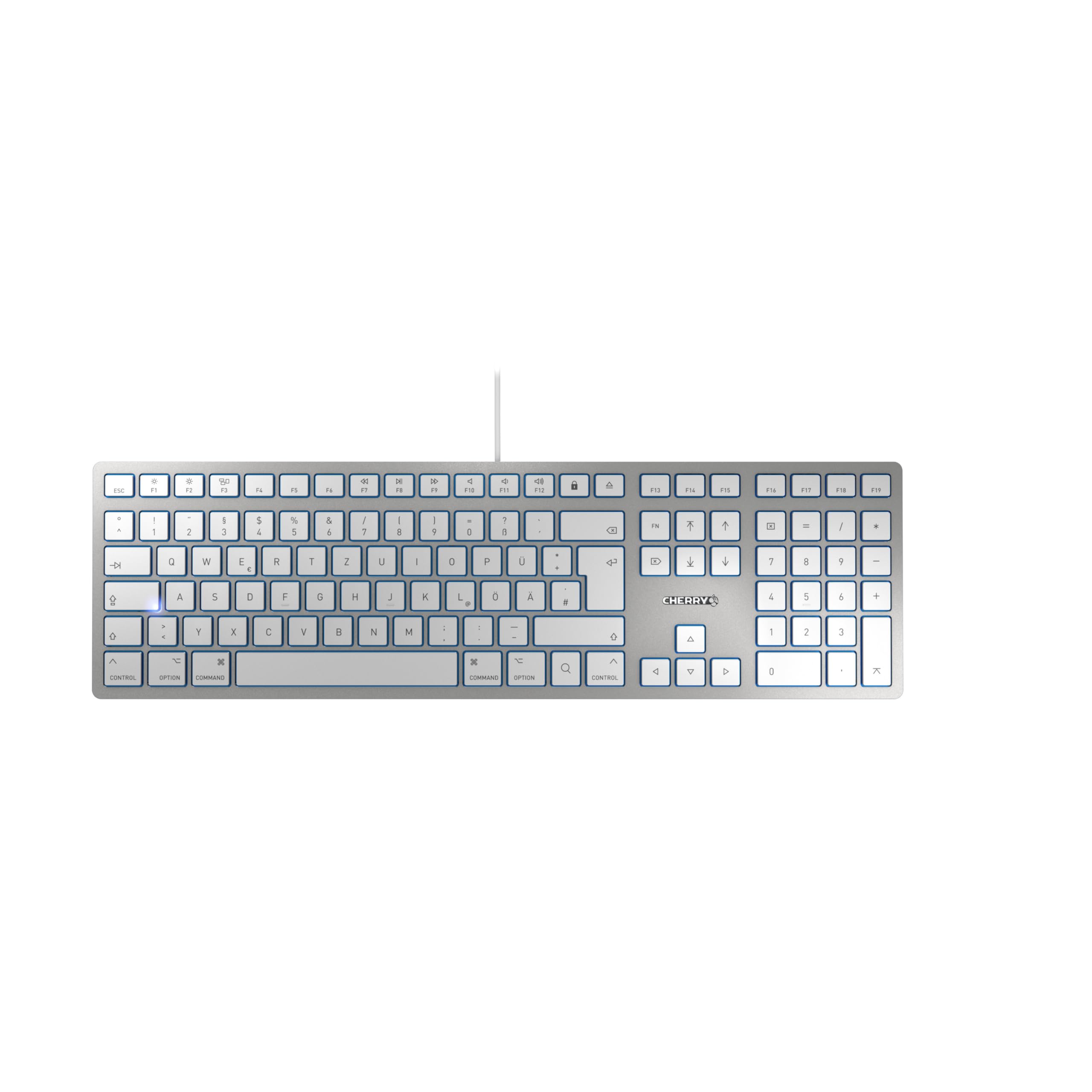 CHERRY KC 6000 Slim for MAC, Kabelgebundene Mac-Tastatur (USB-A Anschluss), Deutsches Layout (QWERTZ), Flüsterleise Tasten, Flaches Design, Weiß-Silber