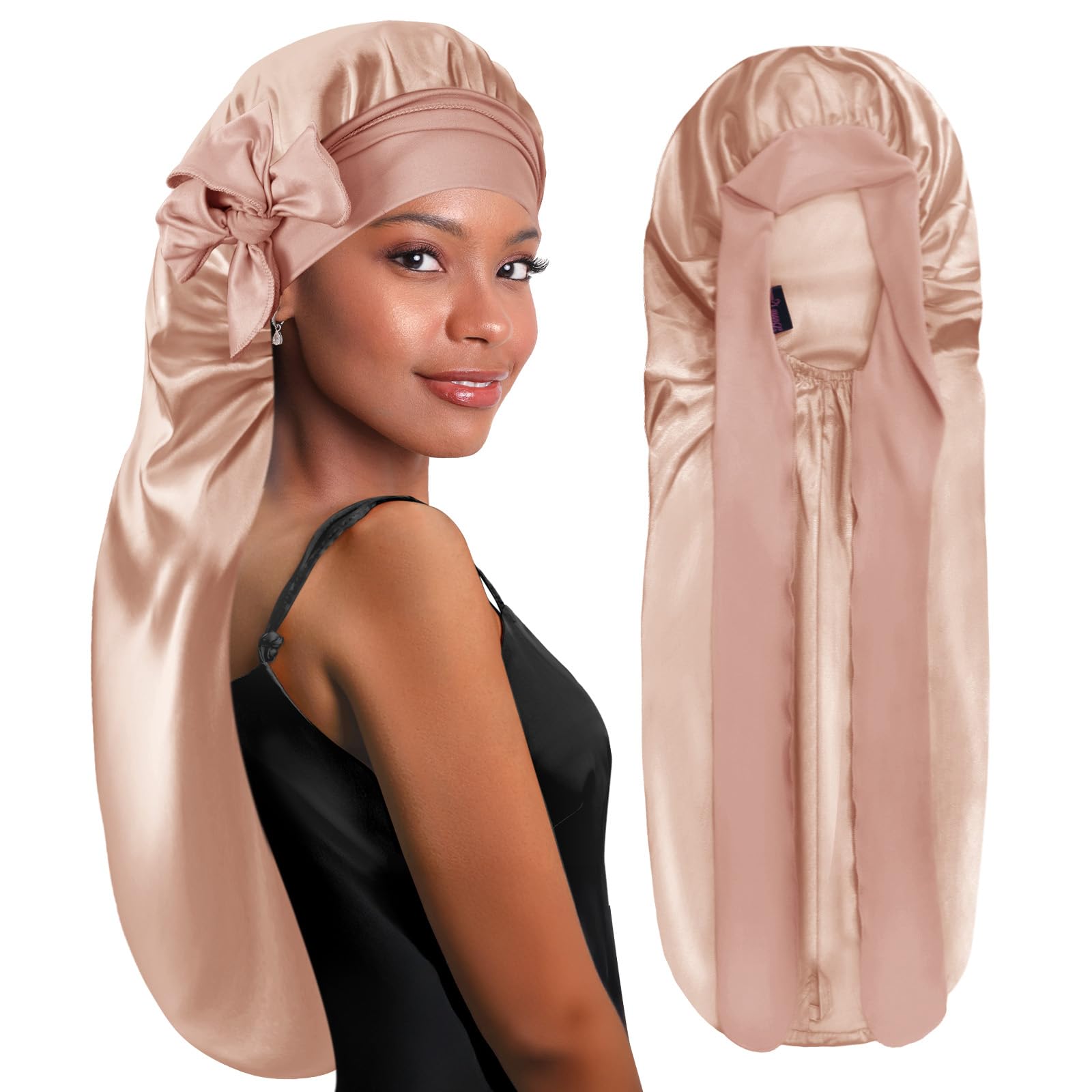 BONNET QUEEN Silk Bonnet for Sleeping Long Hair & Braids Extensions Hair, Satin Long Bonnet for Women, Adjustable Silk Scarf Night Cap with Tie Band, Champagne