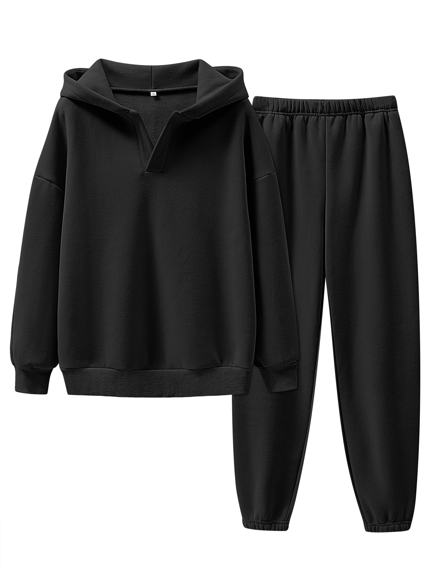 Photo 1 of ANRABESS Womens 2 Piece Outfits Lounge Hoodie Oversized Sweatshirt V Neck Pullover Jogger Sweatpants 2025 Fall Matching Set Black Mediuml