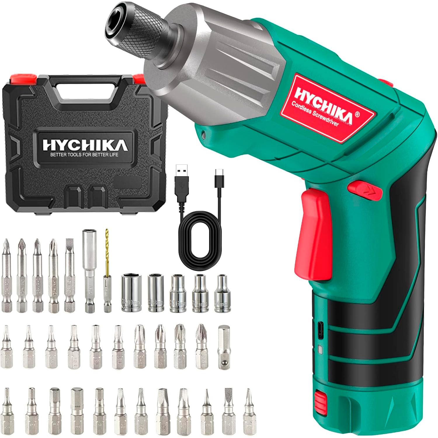 HYCHIKA Electric Screwdriver, 6Nm Torque Cordless Screwdriver 2000mAh 3.6V with 35 Accessories, LED Light and Rear Flashlight, USB Cable and Storage Box