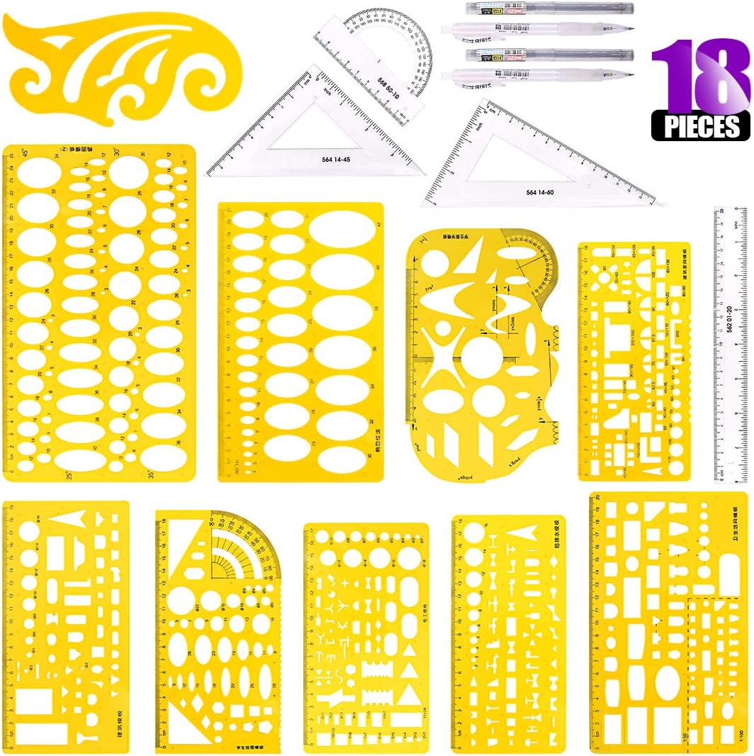 Swpeet 18Pcs Plastic Yellow Geometric Drawings Templates Kit, 10 Different Geometric Measuring Drawings Templates Stencils with 2Pcs Pencil and 5Pcs Measuring Ruler for Drawing Engineering Drafting : Office Products