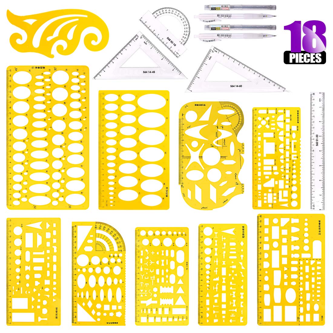 Sweet 18 Pieces Yellow Plastic Geometric Drawing Templates Kit, 10 Different Geometric Designs with 2 Pencils and 5 Measuring Rulers