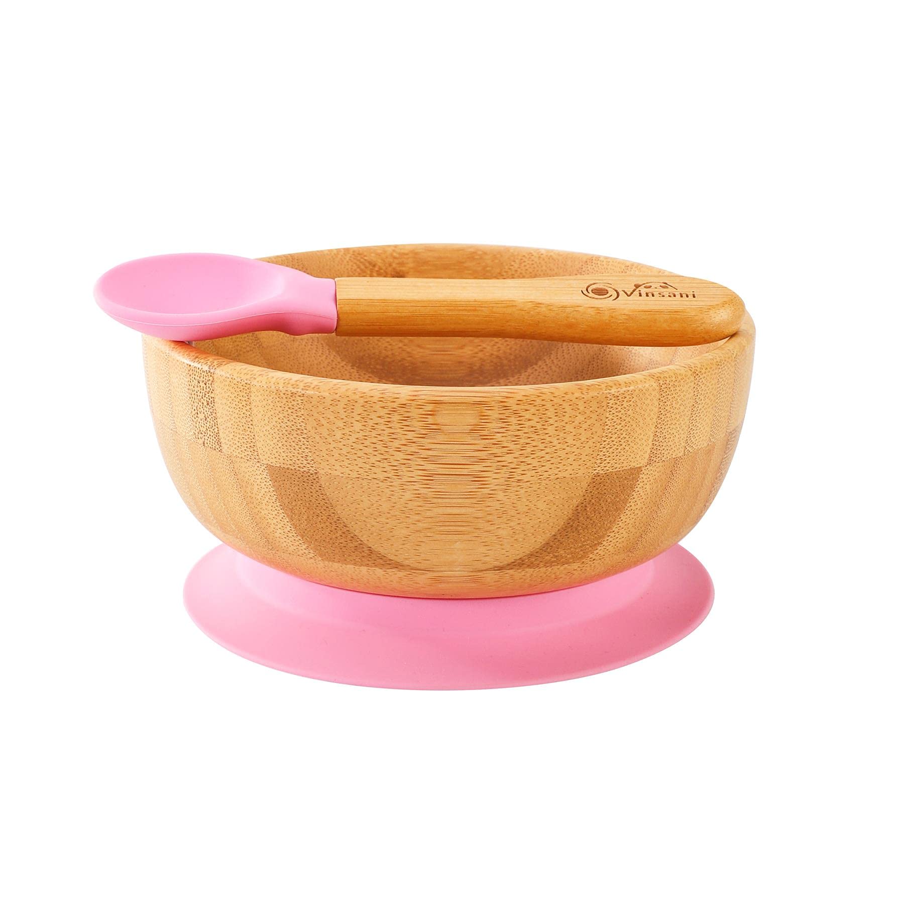 Vinsani Bamboo Bowl and Spoon Set for Baby/Toddler, Suction Plate, Stay-Put Design, Hypoallergenic and BPA-Free (Pink)