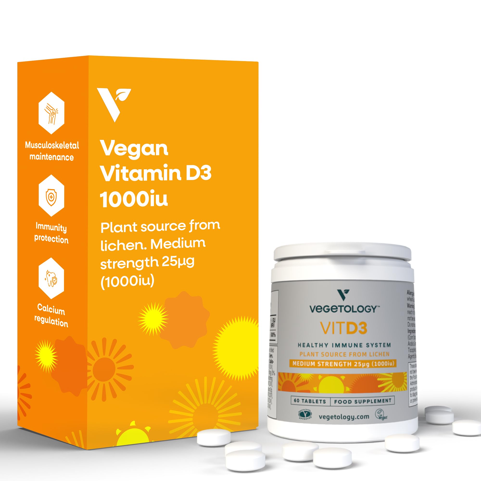 Vegetology Vitashine Vegan Vitamin D3 Tablets, 2500IU, Chewable, Healthy Immune System, Vegetarian Society Registered, 60 Count
