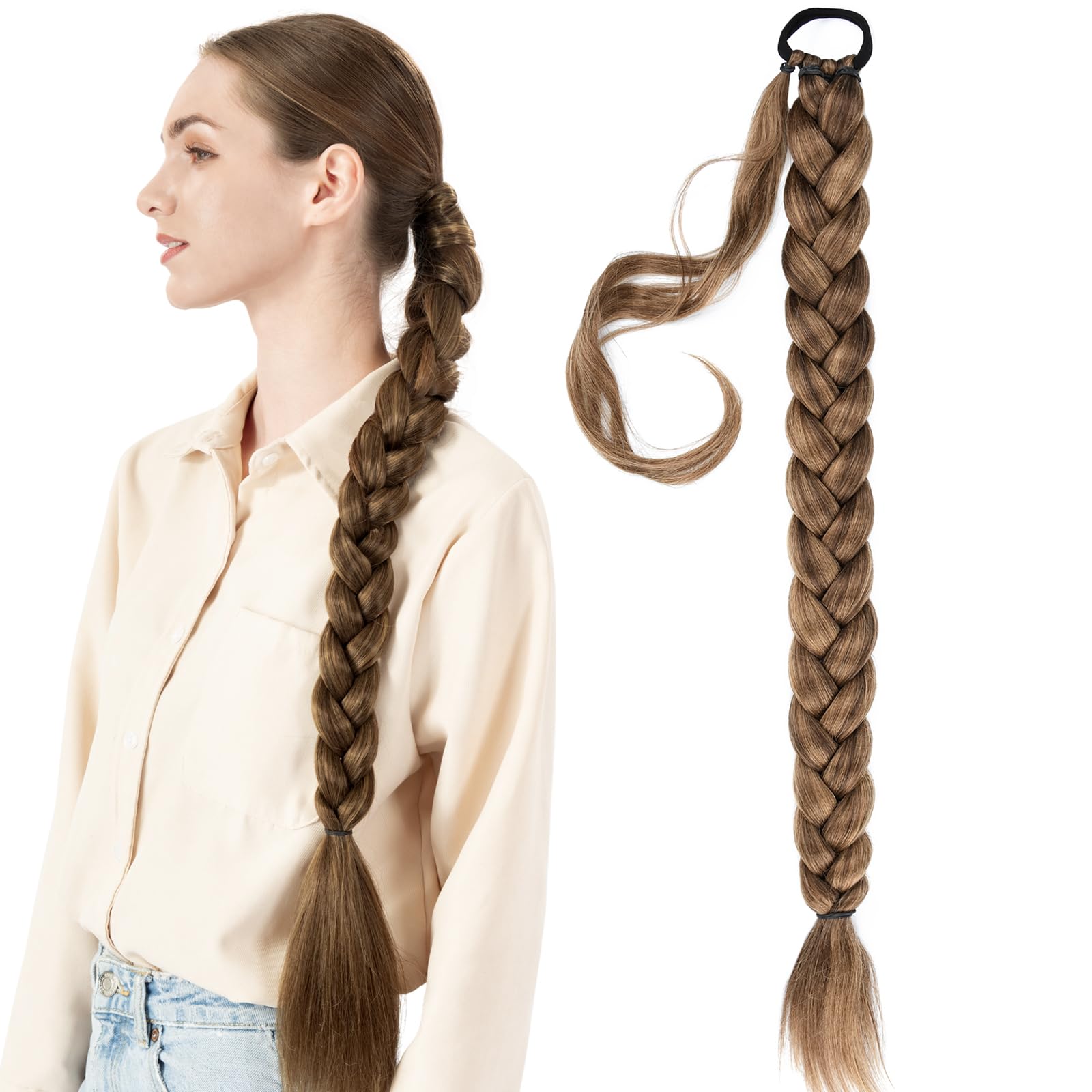 BOBIYA Long Braided Ponytail Extension 30 Inch Pre stretched Braiding Hair Extensions DIY Braid Ponytail Natural Soft Ponytails (Caramel Brown)