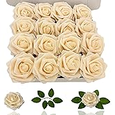 Dailuee Artificial Roses Flowers 16Pcs Real Touch Roses with Stem Foam Fake Roses for DIY Wedding Bouquets Centerpieces Arrangement Party Baby Shower Home Decorations (Champagne)