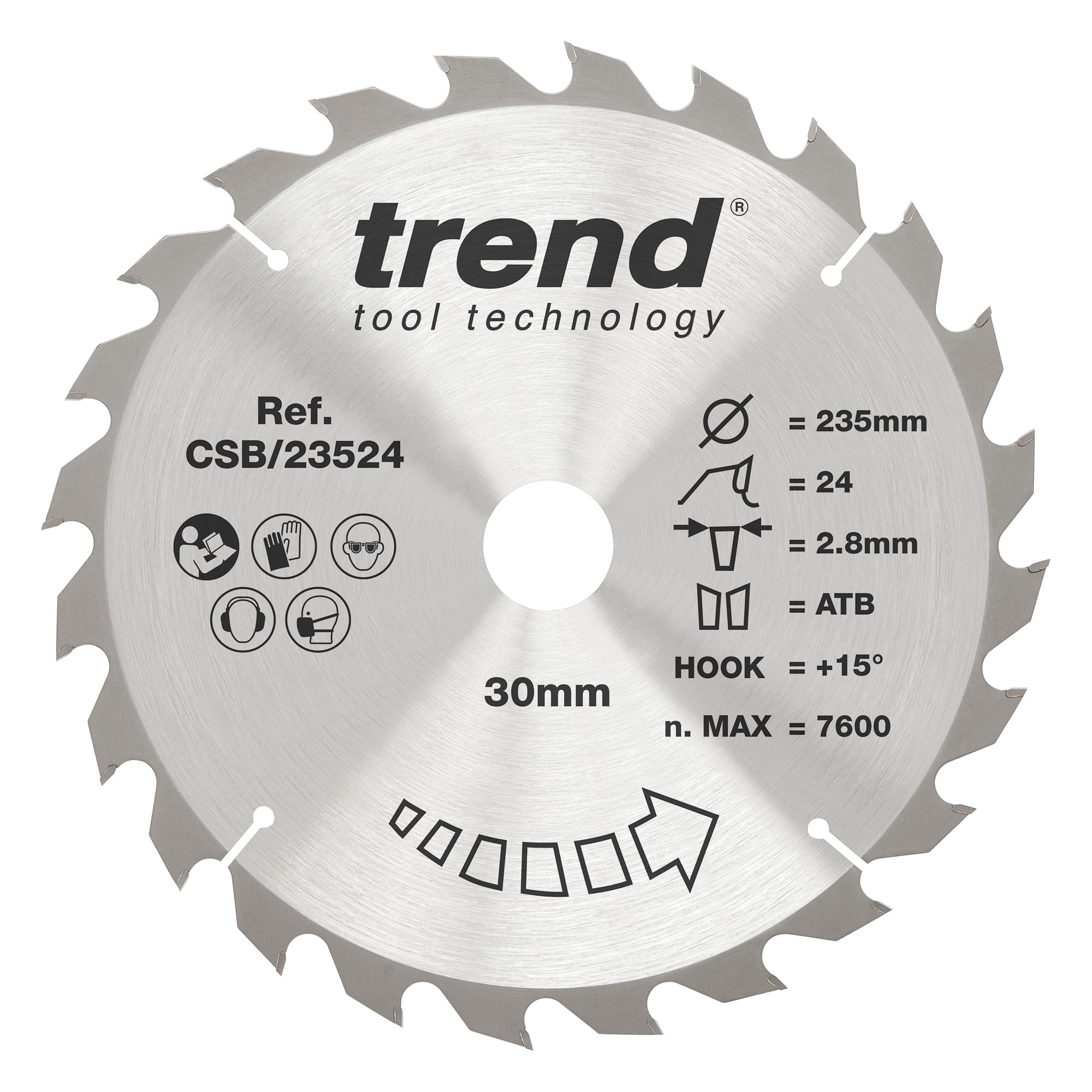 Trend Wood Circular Saw Blade, 235mm Diameter, 30mm Bore, 24 Teeth, 2.8mm Kerf, +15° Hook, TCT, Coarse Finish, CSB/23524