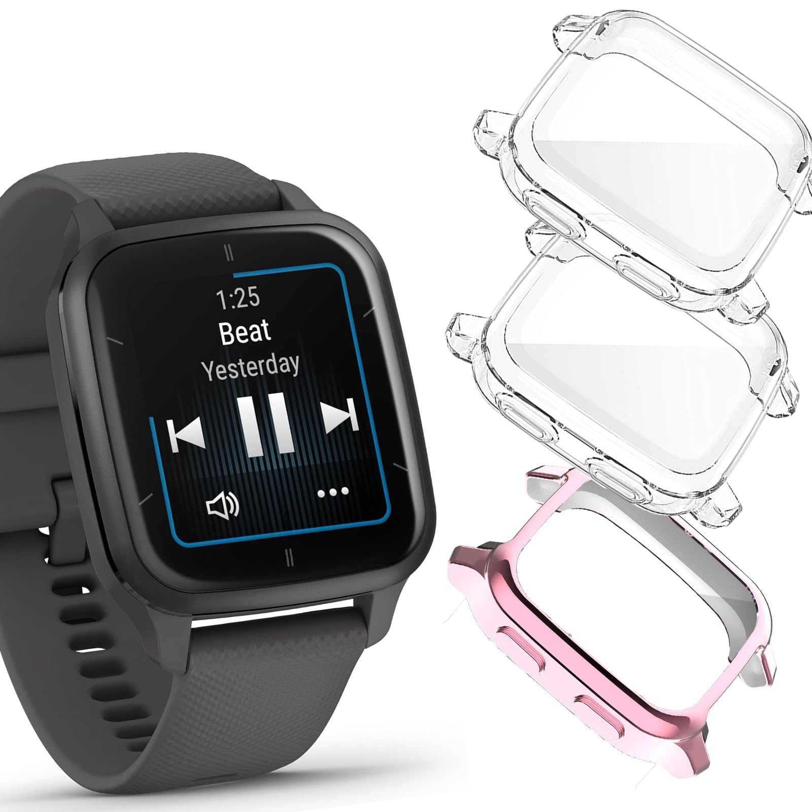 [3Pack]Case for Garmin Venu Sq 2/Sq 2 Music Tempered Glass Screen Protector，PC Hard Case Tempered Glass Screen Protection Cover Slim Full Cover Scratch Proof Protector，Pink+Transparent+Transparent.
