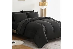 AKKIALLA Full Comforter Set 7 Pieces,Black Ultra Soft Bedding Comforter Sets for All Seasons,Bed in a Bag Full Size with Comforter,Flat Sheet,Fitted Sheet,Pillowcases and Shams(Black,Full)