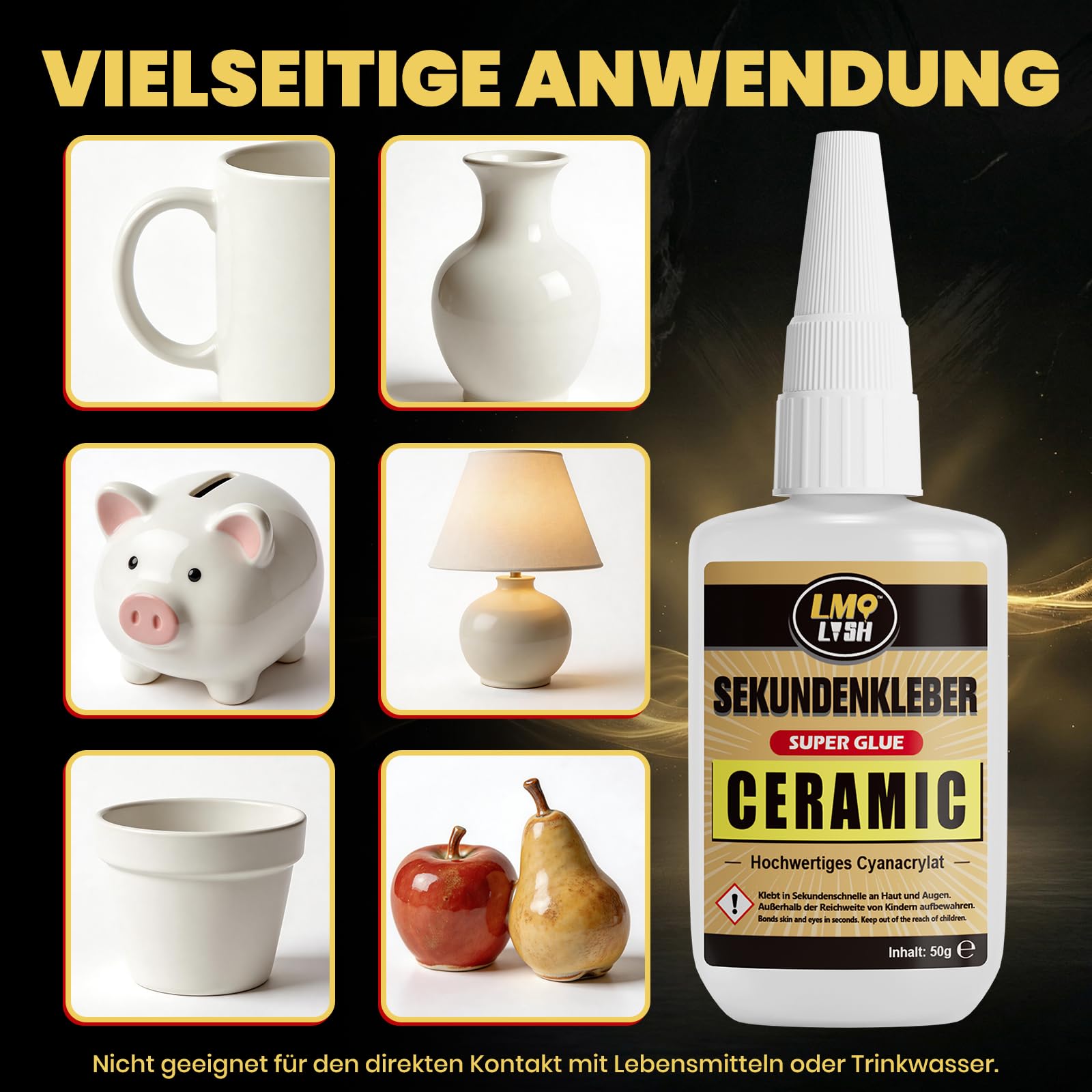 Sekundenkleber Flüssig für Keramik Porzellan Ton Stein, Porzellankleber Spülmaschinenfest Wasserfest, Keramik Kleber Extra Stark Superkleber für Alles Cyanacrylat Sekundenkleber mit Dünne Spitze, 50g 6