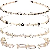 Hoojoot 4 Pcs Gold Metal Bridal Headbands for Women,Pearl Rhinestone Shiny Fashion & Cute Hairbands, Non Slip Cute Party and Wedding Hair Accessories,Suitable for Women and Girls