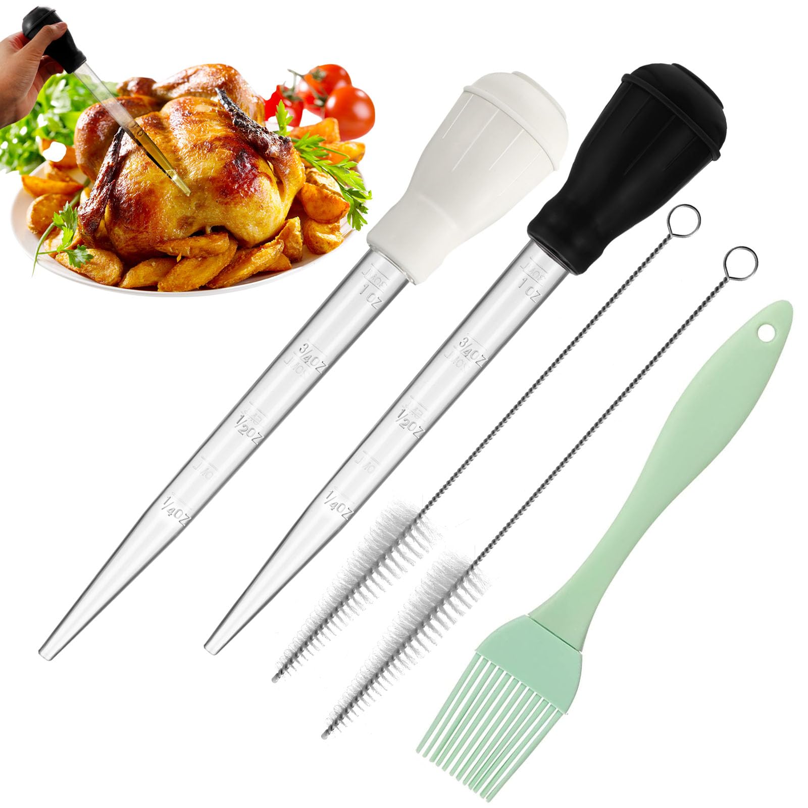 Nylon Heat-Resistant Turkey Baster Cooking Set Includes Meat Baster, 1 Silicone Basting Brush and 2 Cleaning Brush for BBQ Grill Baking Kitchen Cooking (Black White, 5 Pieces)