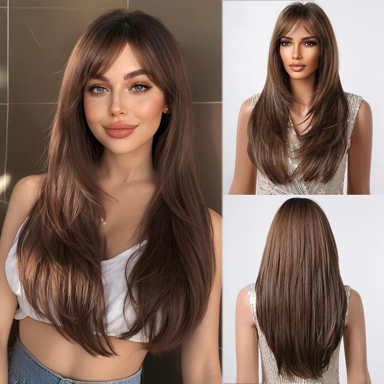 Esmee Long Straight Brown with Highlight Wig with Fringe Natuaral Synthetic Hair Daily Party Wigs for Women — image 1