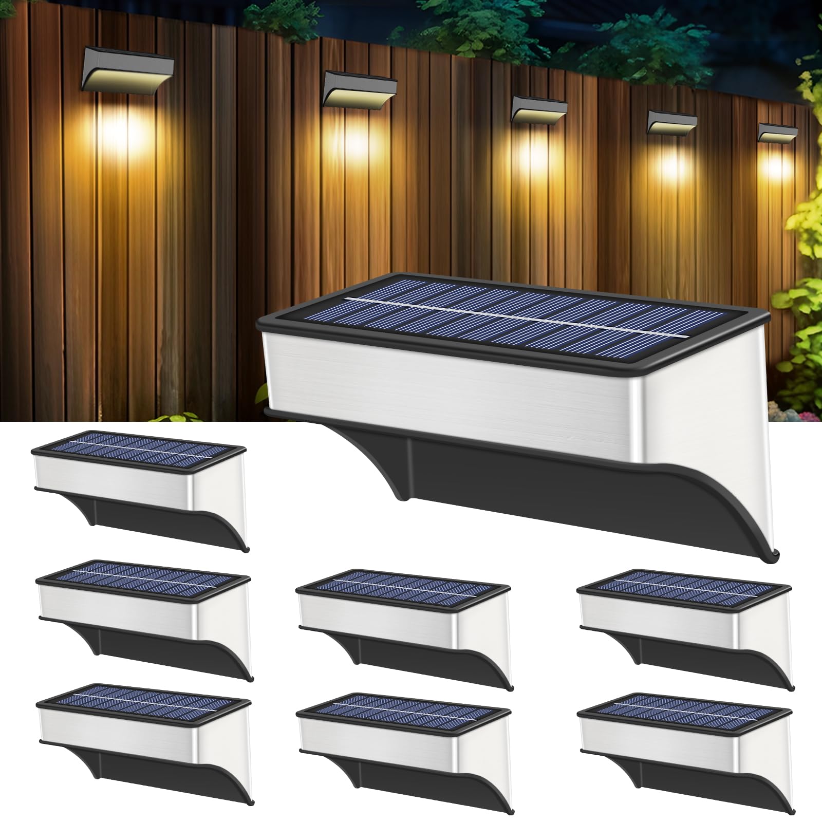 Photo 1 of Solar Fence Lights Outdoor 8 Pack Waterproof, Bright 60 Lumen LED Aluminum Alloy Wall Lights, Upgrade 5 Modes 10 Color Warm & Cool White RGB Solar Deck Lights for Back Yard, Step, Garden, Patio Decor