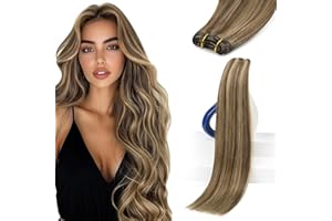 Sunny Hair Weft Hair Extensions Human Hair 18inch Sew in Hair Extensions Real Human Hair Highlights Human Hair Weft Extensions Dark Brown Mix Caramel Blonde Natural Hair Weft for Women 100g