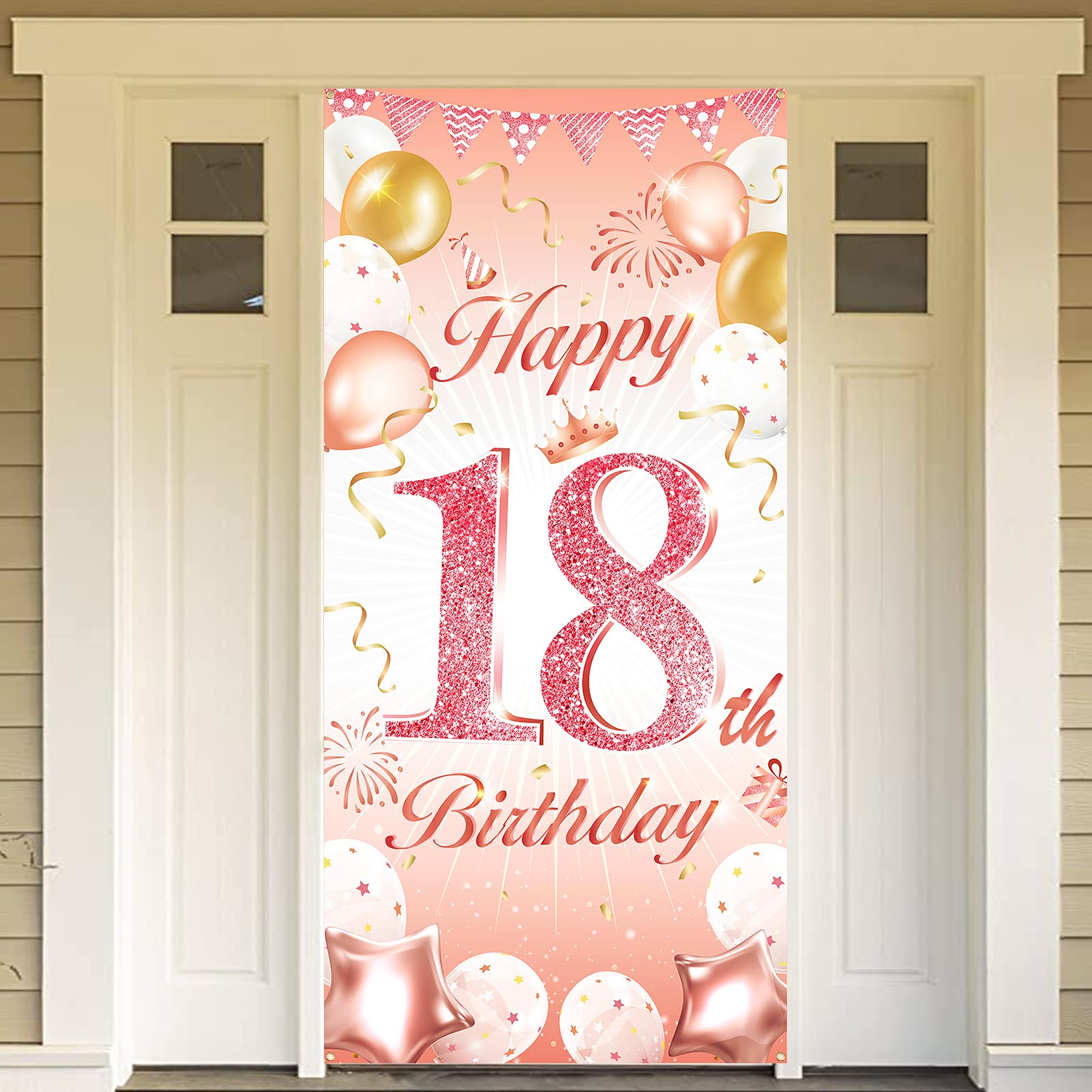 DPKOW Rose Gold 18th Birthday Party Decoration Girl, Rose Gold 18th Birthday Banner for Backdrop Door Decoration for Garden Table Wall, 185 x 90cm Fabric