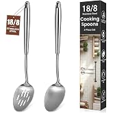 2 Pcs Stainless Steel Cooking Spoons Set, 304 Solid &amp; Slotted Metal Serving Spoons, Heavy Duty Sturdy Large Soup Ladle, High Heat Resistant Kitchen Utensils for Mixing, Stirring, Dishwasher Safe