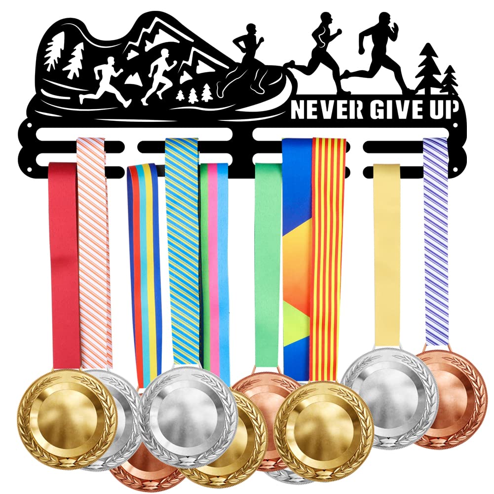 SUPERDANT Running Medal Hangers Never Give Up Medal Holder Personalised Medals Display for Runner Wall Mount Ribbon Medals Rack Gift for Athletes Man Woman Capacity about 10KG