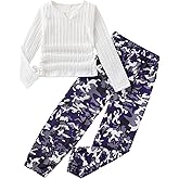 Kxuryueo Girls' Clothes Long Sleeve Ribbed Knit Ruched Tops & Camo Jogger Pants Sets Fall Outfits with Pockets Size 6-14Y