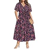 CARCOS Plus Size Dresses for Curvy Women V Neck Summer Maxi Dress Short Sleeve Floral Boho Dress Smocked Waist Beach Dress