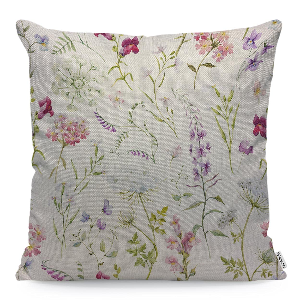 WONDERTIFY Purple Green Flower Cushion Cover Watercolor Floral Delicate Wildflowers Pink Tansy Pansies Delphinium Pillowcases for Men Women, Pillow Cover Living Room Farmhouse 45X45 Cm