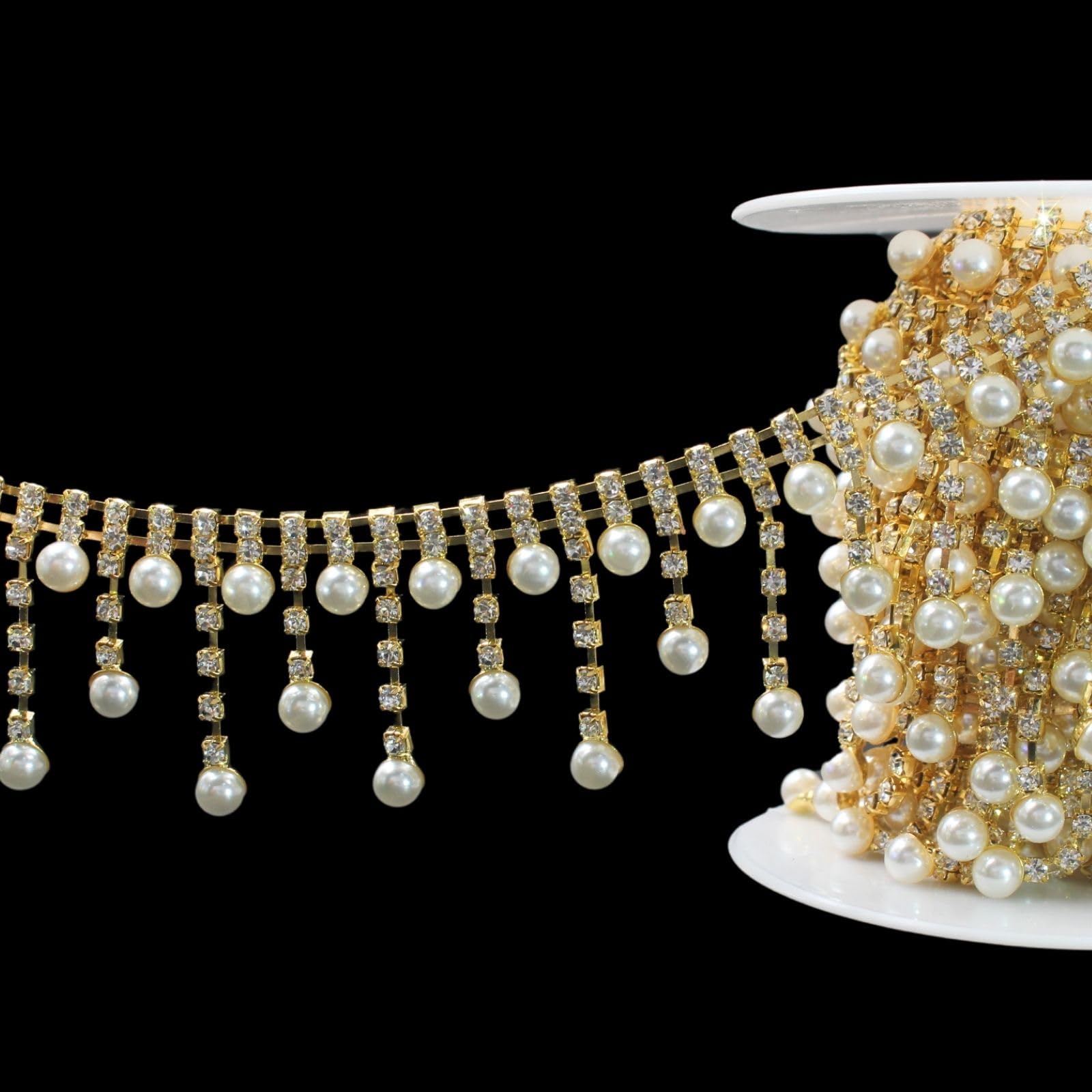 2 Yards Rhinestone Trim Chain, Gold Pearl Crystal Beads String Diamante Ribbon Bling Strips Sewing Fringe Tassel Sewing for DIY Party Wedding Bouquet Dress Decoration Bridal Costume Embellishment