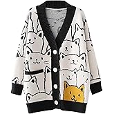 Flygo Cat Sweaters for Women Oversized Chunky Button Down Knit 2025 Fall Cardigan Cute Cartoon Sweater Kawaii Clothes