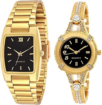 Attractive Square Black Dial Golden Round Diamond Studded Men's and Women's Watch