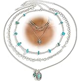 AllJunction Western Silver Turquoise Necklaces Stack Vintage Country Cowgirl Cowboy Hat Beaded Layered Choker Necklace Boho Hippie Jewelry Accessories for Women