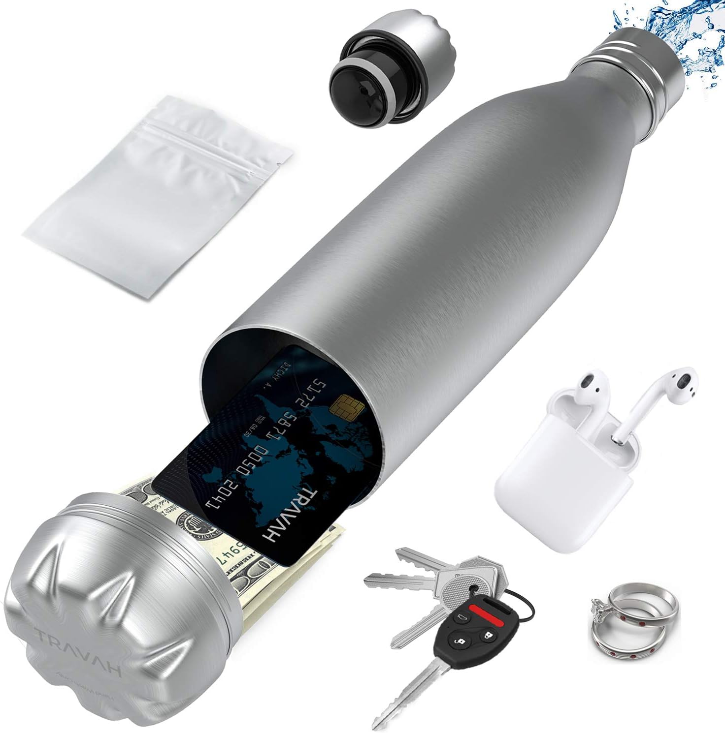 Diversion Safe Water Bottle | Stash Can Hidden Bottom for Valuables | 17ounce Liquid Capacity and Dry Storage Compartment | Stainless Steel Vacuum Insulated Leak Proof | BONUS Smell Proof Bag Included - - 