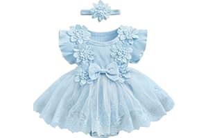 Baby Girl Summer Outfits Cotton Rib Knit Short Sleeve Romper Dress Sheer Lace Hem Newborn Dresses