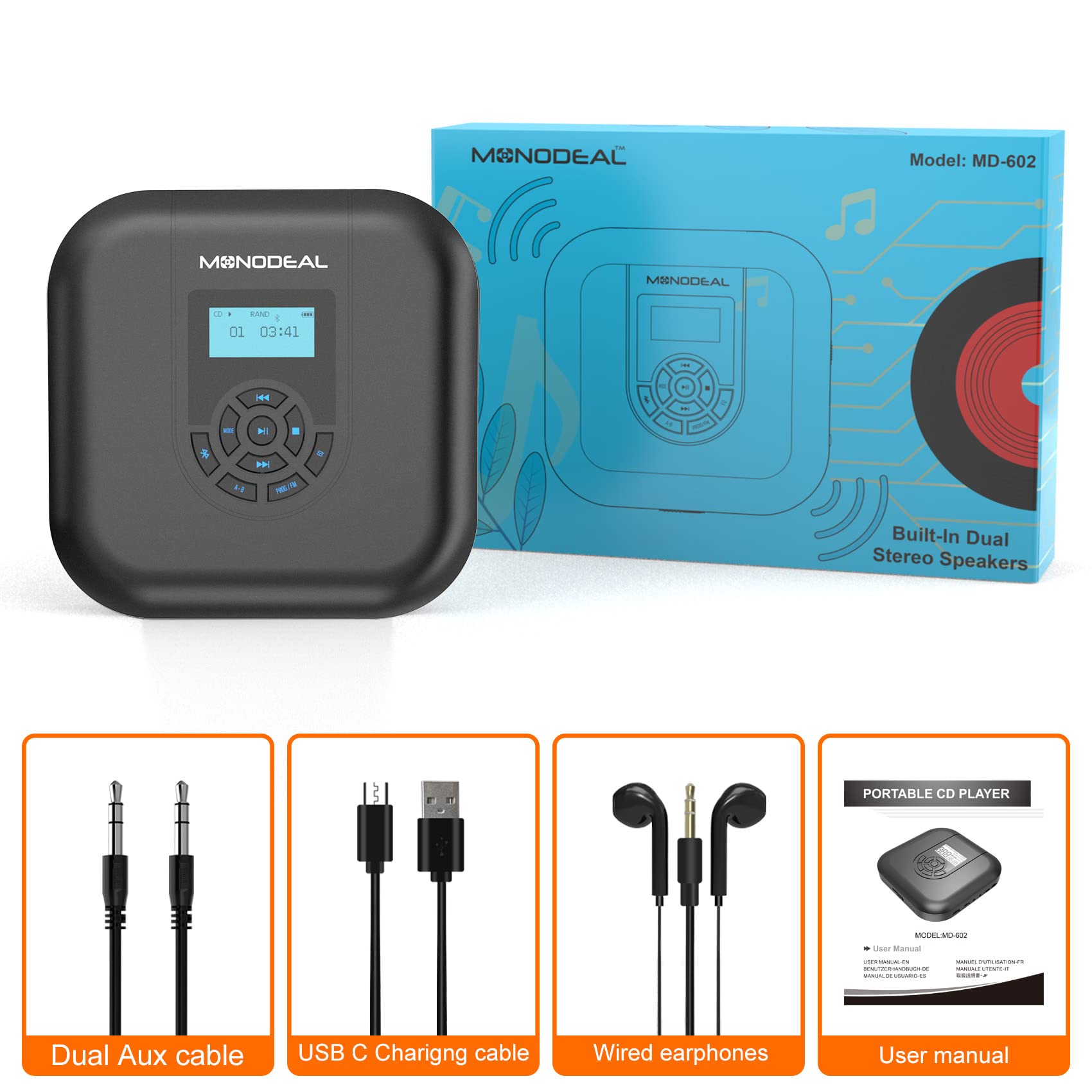 CD Player Portable, MONODEAL Bluetooth CD Player with Speakers and FM Transmitter, Rechargeable 1800mAh Player for Car and Home with LED Screen