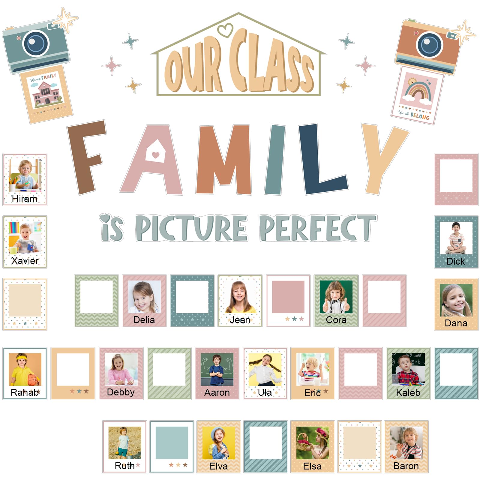 Photo 1 of Watersay 52 Pcs Boho Bulletin Board Decor for Classroom, Our Class is a Family Picture Frame Bulletin Board Set for Teachers Chalkboard School Home Door Decor
