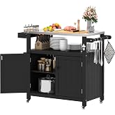 Sunnibety Weatherproof HIPS Outdoor Kitchen Island with Stainless Steel Top &amp; Storage Cabinet, Movable Prep Table with Wheels for BBQ Food Prep, Outdoor Grill Cart for Parties, Black