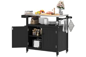 Sunnibety Weatherproof HIPS Outdoor Kitchen Island with Stainless Steel Top & Storage Cabinet, Movable Prep Table with Wheels for BBQ Food Prep, Outdoor Grill Cart for Parties, Black