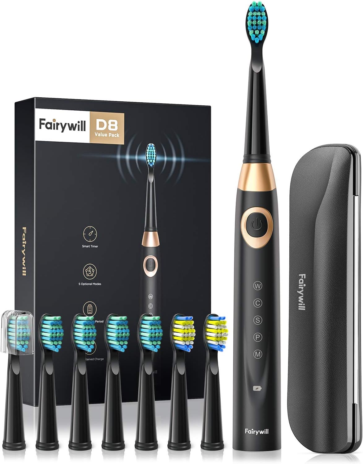 Fairywill Electric Toothbrush for Adults and Kids Accepted by American Dental Association, 8 Dupont Brush Heads & Travel Case 5 Modes Rechargeable Whitening Power Sonic Toothbrush Smart Timer Black