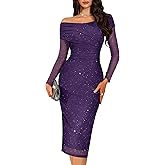 BeryLove Womens Sparkly Off Shoulder Formal Wedding Guest 2026 Cocktail Mesh Sequin Dress
