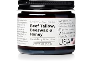 Santa Cruz Paleo, Beef Tallow, Beeswax & Honey Face Moisturizer, Organic, Unscented Grassfed Beef Tallow Skin Care, Sunscreen Free, Non Comedogenic Face & Body Moisturizer for Sensitive Skin, 2 Oz