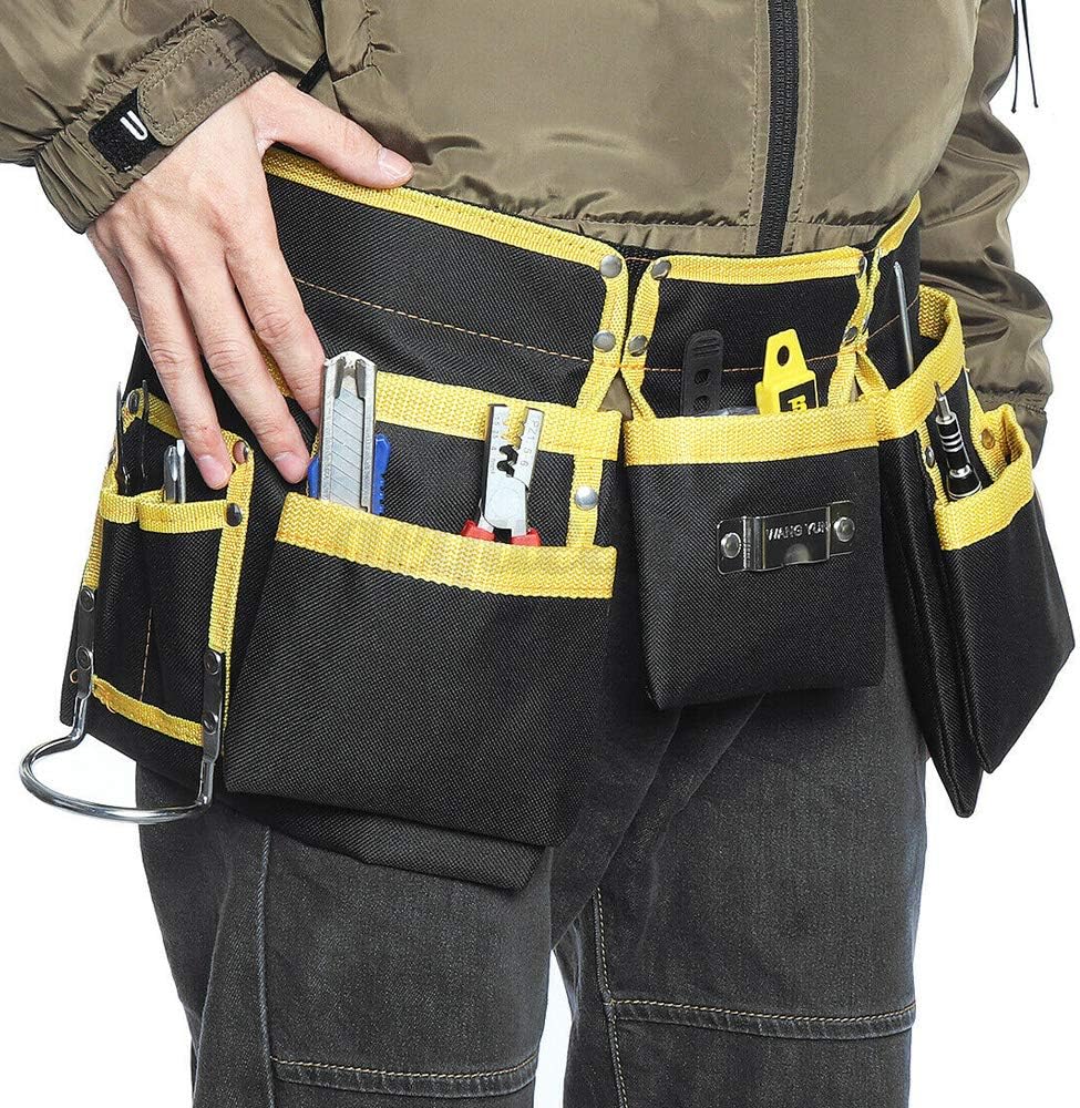 11 Pocket Tools Belt Bags with Hammer Holder, Adjustable Waist Bag Multipurpose Utility Tool Pouch with Pockets for Tools, Yellow - - 