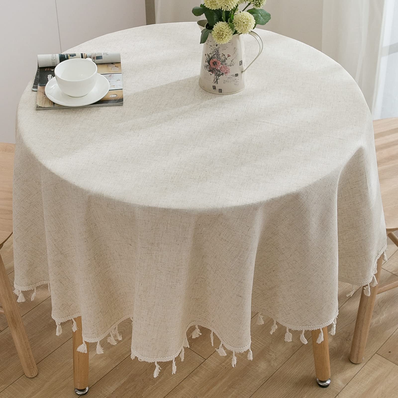 TACYKIBD Table Cloth Round Tablecloth, Cotton Linen Solid Color Tablecloth, Washable Tassel Table Cover Table Linener for Kitchen Dining Picnic Party Christmas Tabletop Decoration (150cm, Beige)